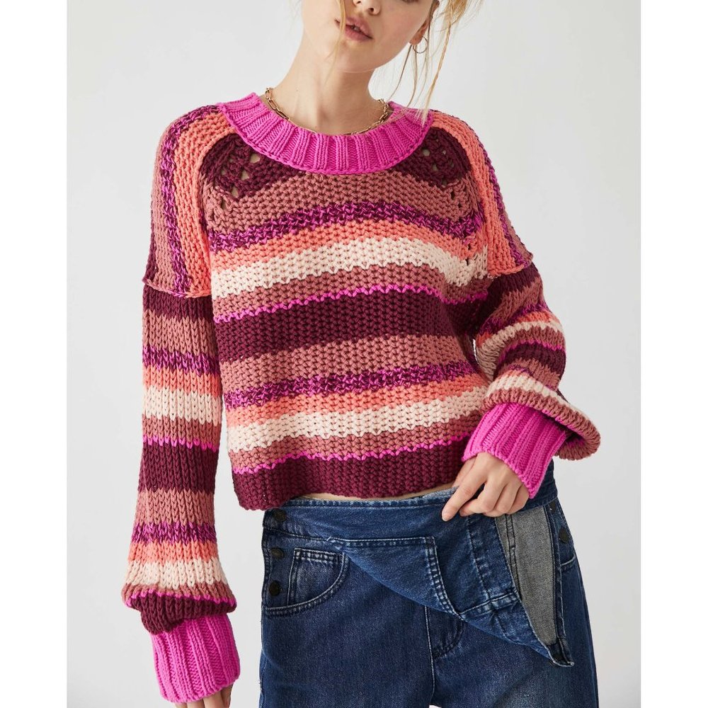 NWT Free People Devon Sweater / Fuschia Rose Combo